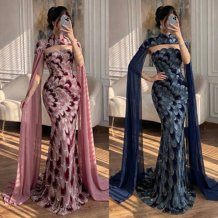 Luxury Pink Beaded Mermaid Cape Evening Dress LA73607A SERENE HILL