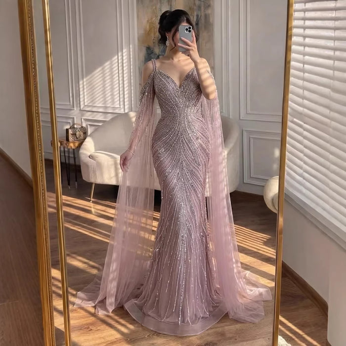 Luxury Pink Beaded Mermaid Evening Dress With Cape Sleeves LA73210A SERENE HILL