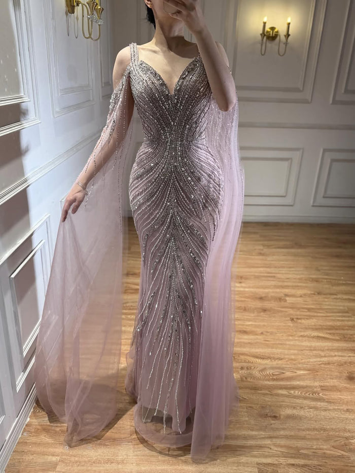 Luxury Pink Beaded Mermaid Evening Dress With Cape Sleeves LA73210A SERENE HILL