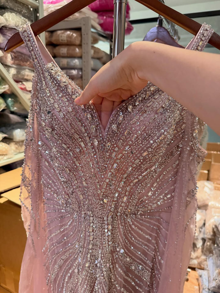 Luxury Pink Beaded Mermaid Evening Dress With Cape Sleeves LA73210A SERENE HILL