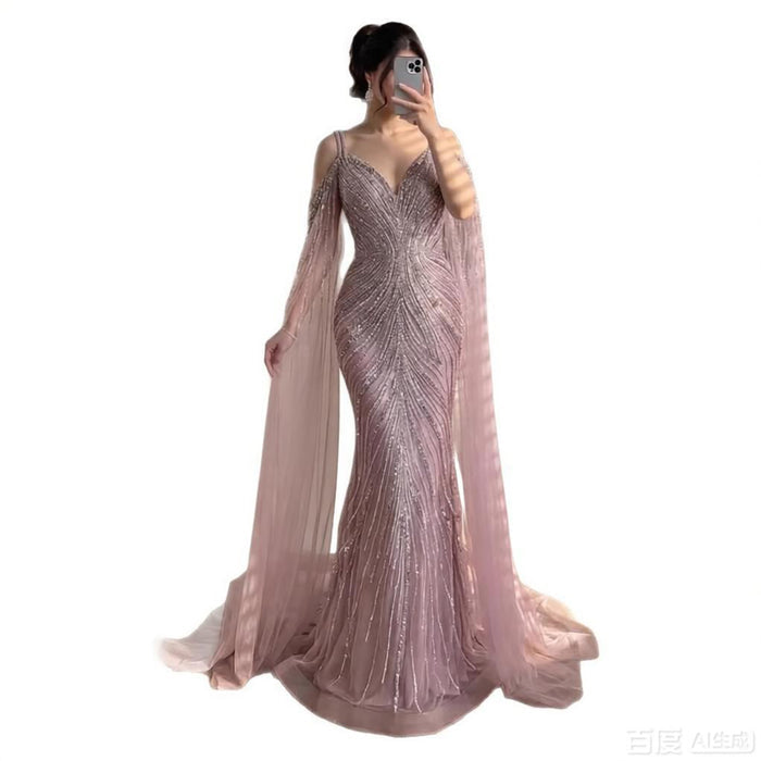 Luxury Pink Beaded Mermaid Evening Dress With Cape Sleeves LA73210A SERENE HILL