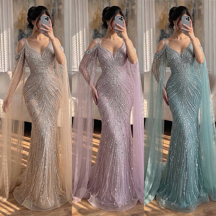 Luxury Pink Beaded Mermaid Evening Dress With Cape Sleeves LA73210A SERENE HILL