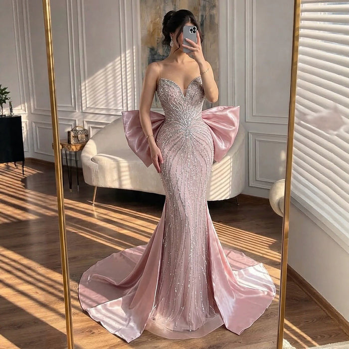 Luxury Pink Crystal Beaded Mermaid Evening Dress LA73479