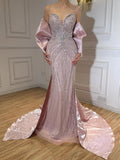 Luxury Pink Crystal Beaded Mermaid Evening Dress LA73479