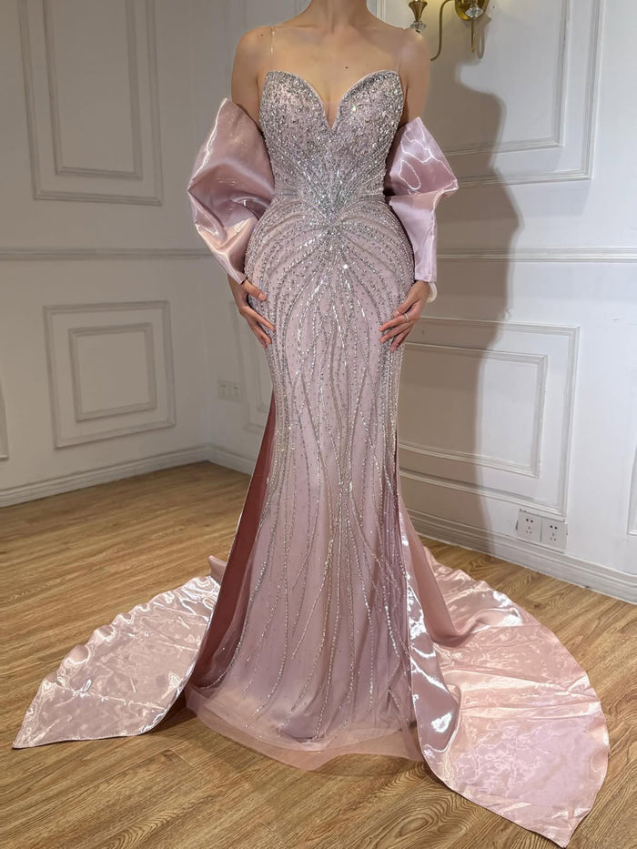 Luxury Pink Crystal Beaded Mermaid Evening Dress LA73479