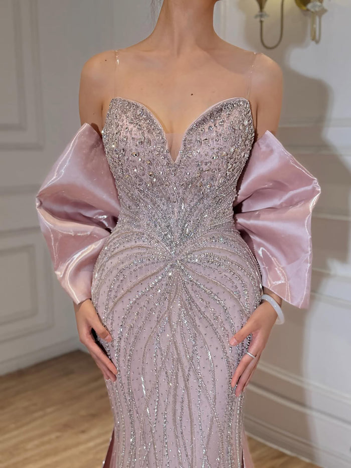 Luxury Pink Crystal Beaded Mermaid Evening Dress LA73479