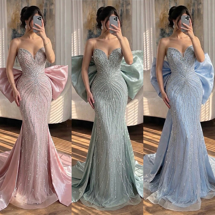 Luxury Pink Crystal Beaded Mermaid Evening Dress LA73479