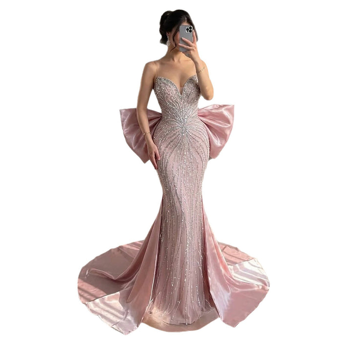 Luxury Pink Crystal Beaded Mermaid Evening Dress LA73479