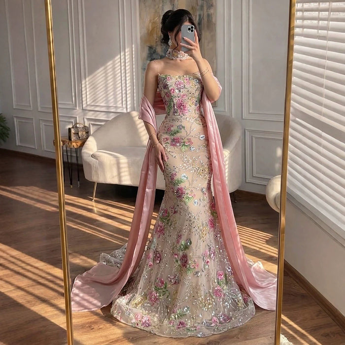 Luxury Pink Floral Beaded Mermaid Gown with Shawl LA73226B SERENE HILL