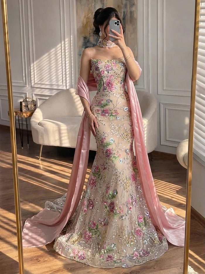 Luxury Pink Floral Beaded Mermaid Gown with Shawl LA73226B SERENE HILL