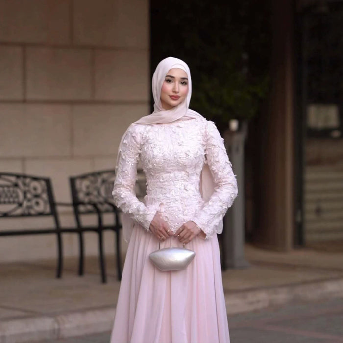Luxury Pink High Neck 3D Floral Long Sleeve Muslim Wedding Dress LA73814 SERENE HILL