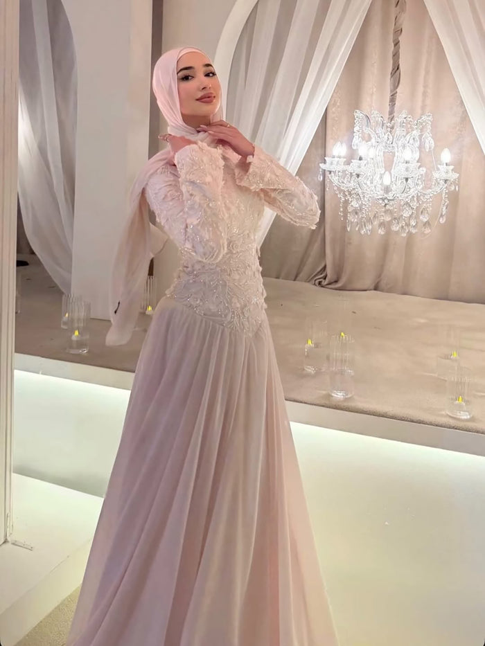 Luxury Pink High Neck 3D Floral Long Sleeve Muslim Wedding Dress LA73814 SERENE HILL