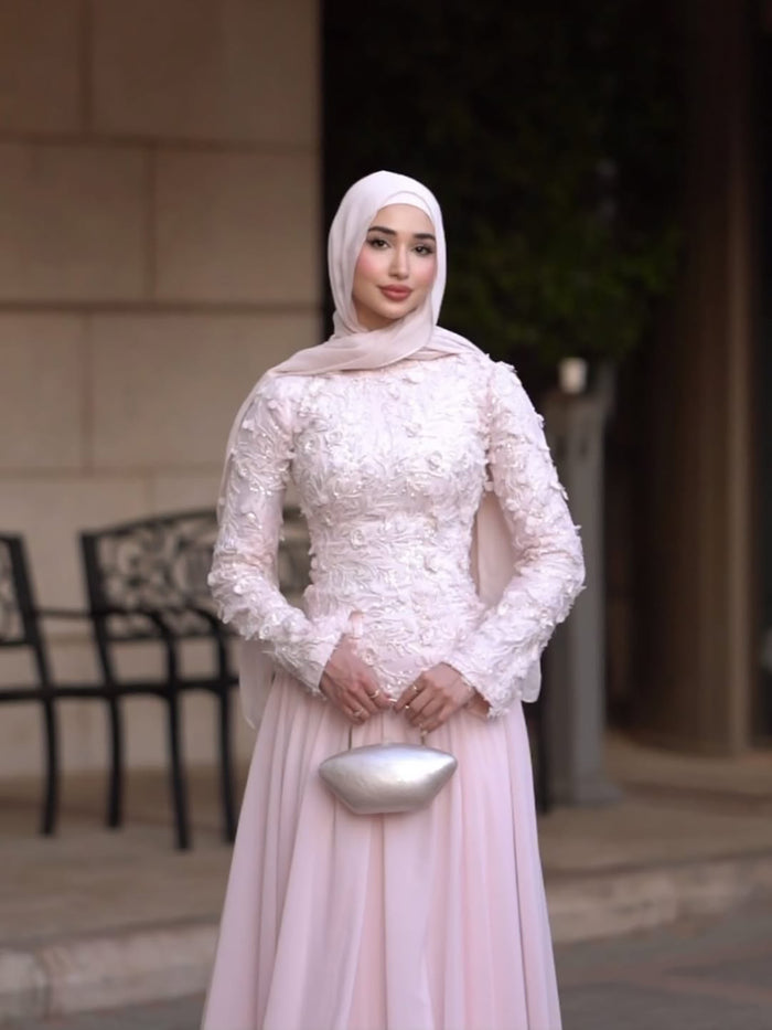 Luxury Pink High Neck 3D Floral Long Sleeve Muslim Wedding Dress LA73814 SERENE HILL
