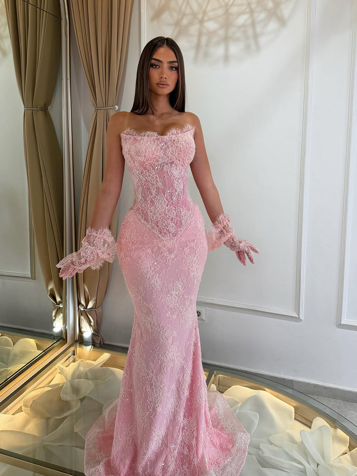 Luxury Pink Lace Beaded Strapless Mermaid Evening Dress LA73875 SERENE HILL
