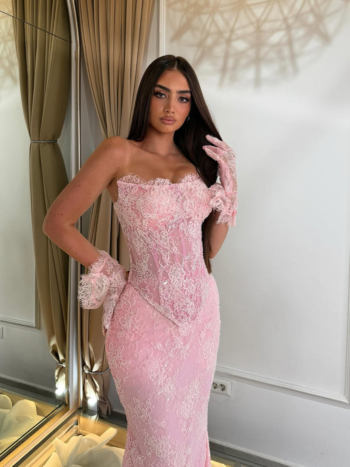 Luxury Pink Lace Beaded Strapless Mermaid Evening Dress LA73875 SERENE HILL