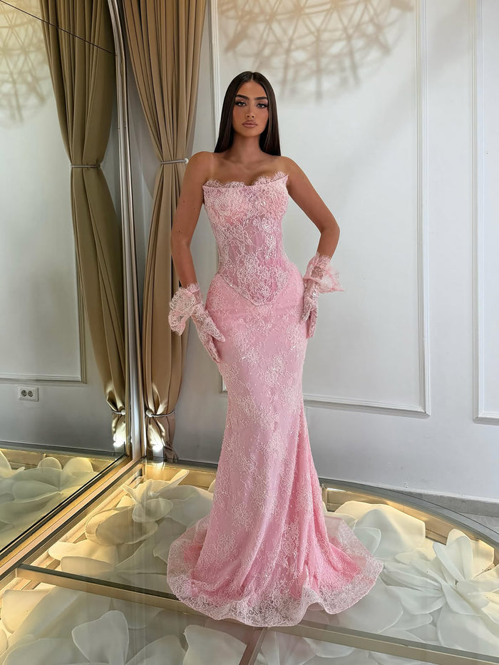 Luxury Pink Lace Beaded Strapless Mermaid Evening Dress LA73875 SERENE HILL