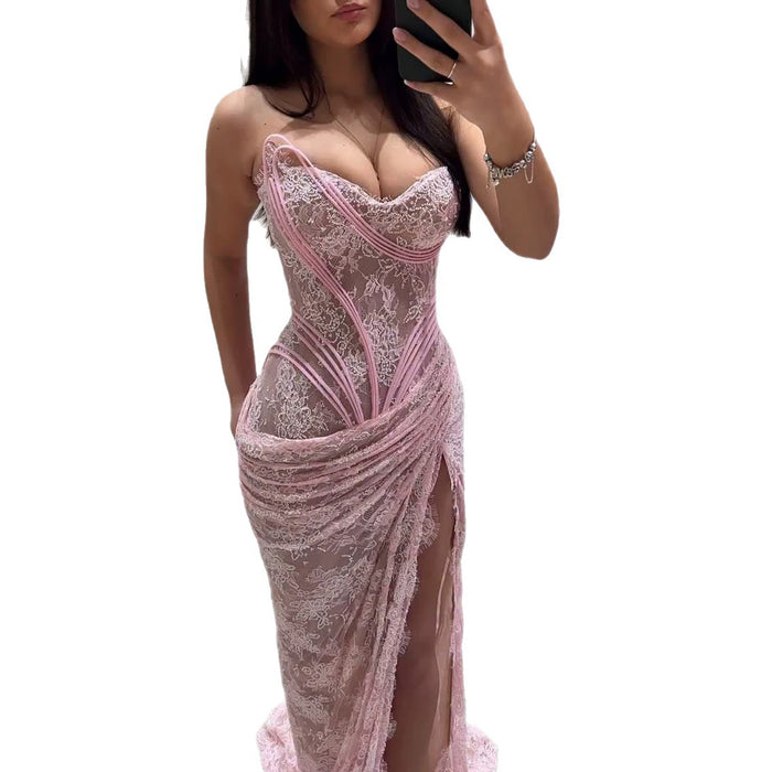 Luxury Pink Lace Corset Mermaid Slit Evening Dress LA73670 SERENE HILL
