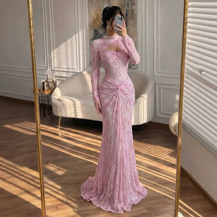 Luxury Pink Lace Long Sleeve High Neck Mermaid Evening Dress LA73757 SERENE HILL