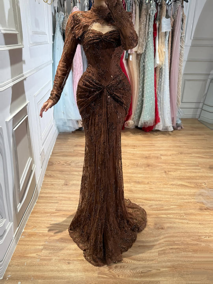Luxury Pink Lace Long Sleeve High Neck Mermaid Evening Dress LA73757 SERENE HILL