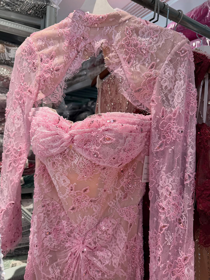 Luxury Pink Lace Long Sleeve High Neck Mermaid Evening Dress LA73757 SERENE HILL