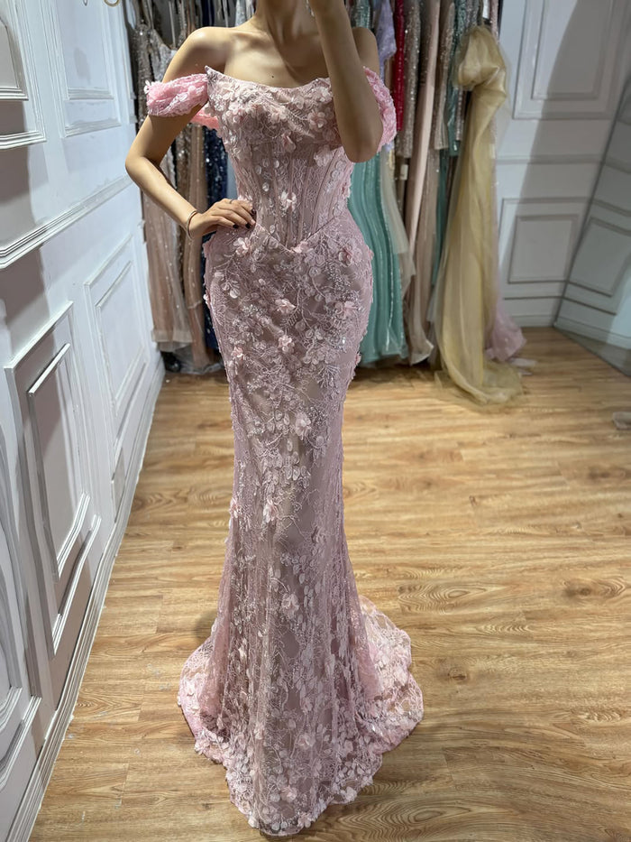 Luxury Pink Mermaid Off-Shoulder 3D Floral Lace Dress LA73788 SERENE HILL