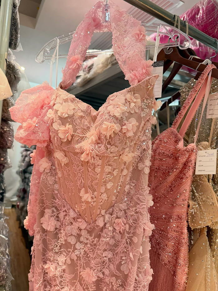 Luxury Pink Mermaid Off-Shoulder 3D Floral Lace Dress LA73788 SERENE HILL