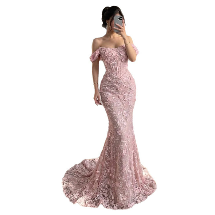 Luxury Pink Mermaid Off-Shoulder 3D Floral Lace Dress LA73788 SERENE HILL