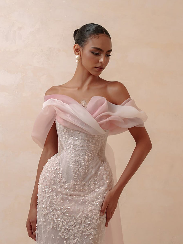 Luxury Pink Off the Shoulder Beaded Mermaid Evening Dress LA73877 SERENE HILL