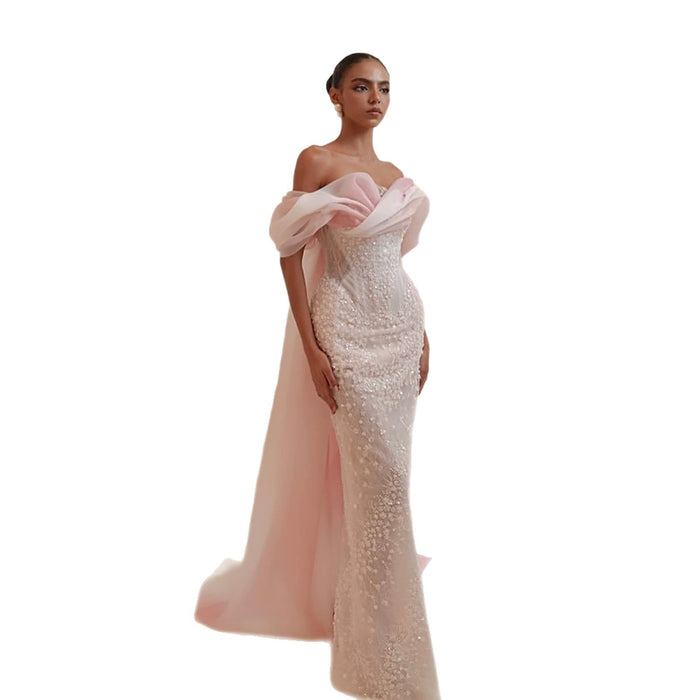 Luxury Pink Off the Shoulder Beaded Mermaid Evening Dress LA73877 SERENE HILL