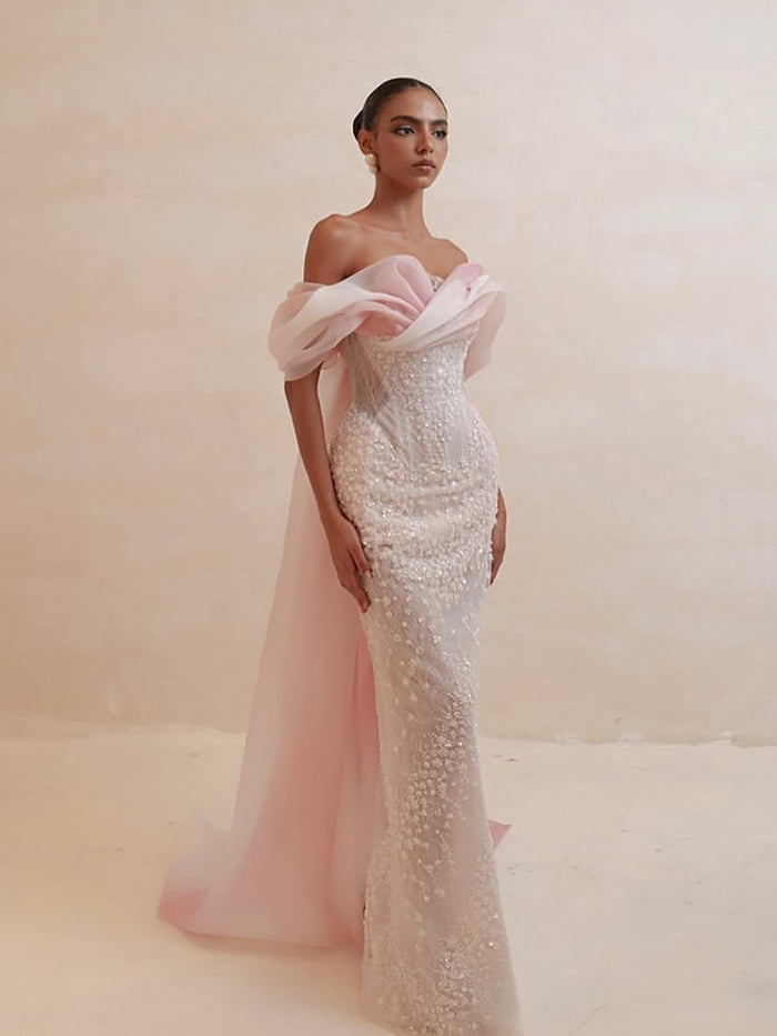 Luxury Pink Off the Shoulder Beaded Mermaid Evening Dress LA73877 SERENE HILL