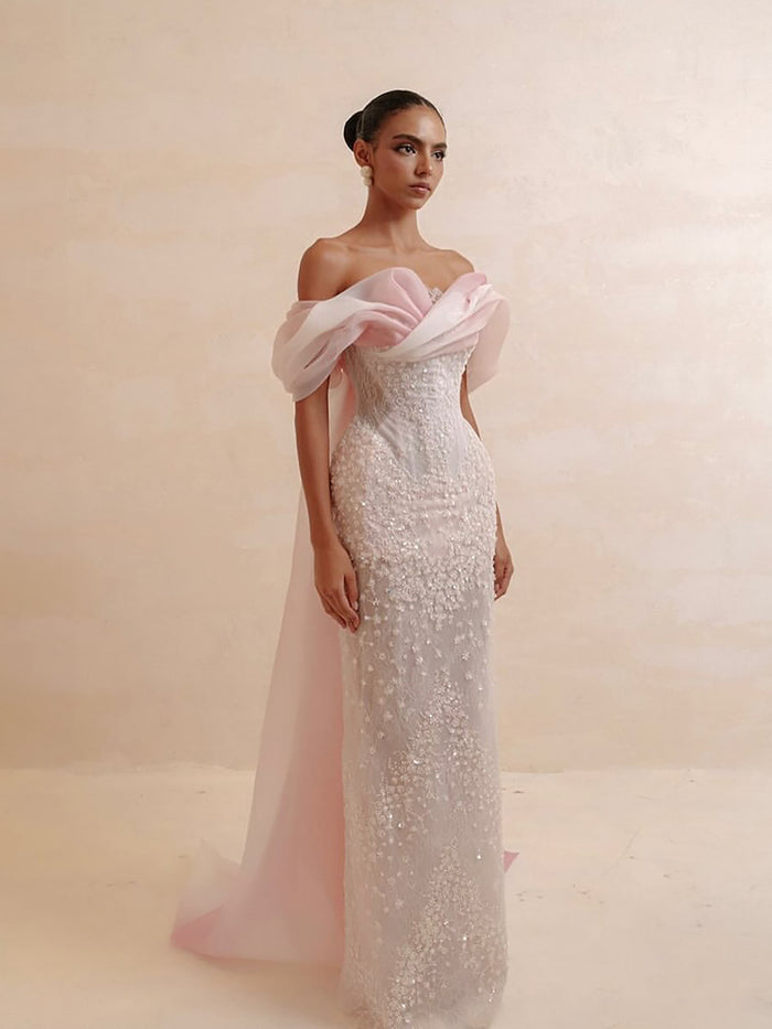 Luxury Pink Off the Shoulder Beaded Mermaid Evening Dress LA73877 SERENE HILL