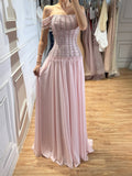 Luxury Pink Off The Shoulder Beaded Tassel Lace Up A Line Dress LA73842 SERENE HILL