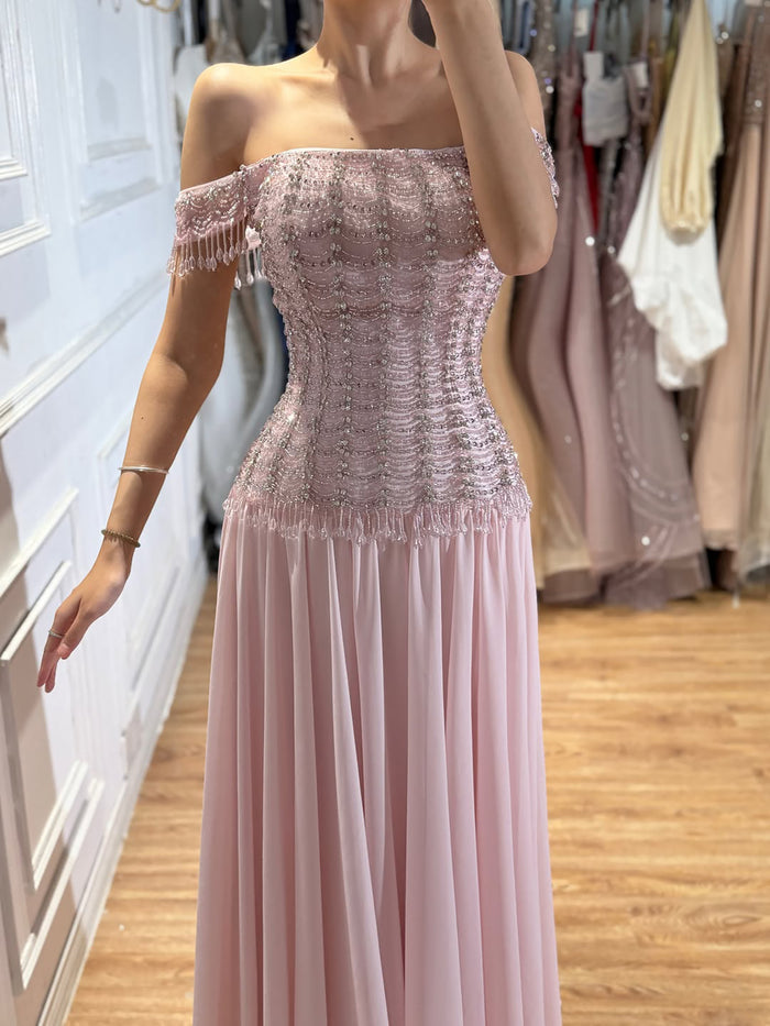 Luxury Pink Off The Shoulder Beaded Tassel Lace Up A Line Dress LA73842 SERENE HILL