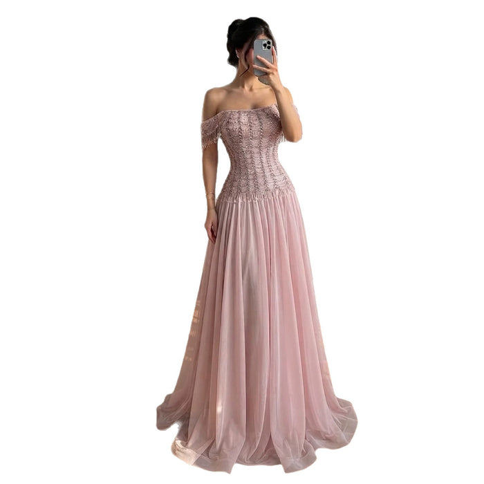 Luxury Pink Off The Shoulder Beaded Tassel Lace Up A Line Dress LA73842 SERENE HILL