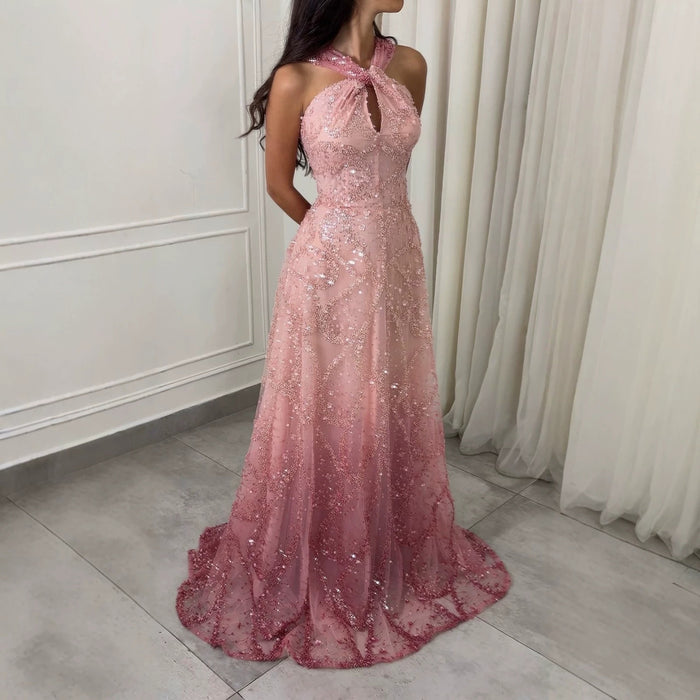 Luxury Pink Ombre Cross-Neck Beaded A-Line Gown LA73783 SERENE HILL