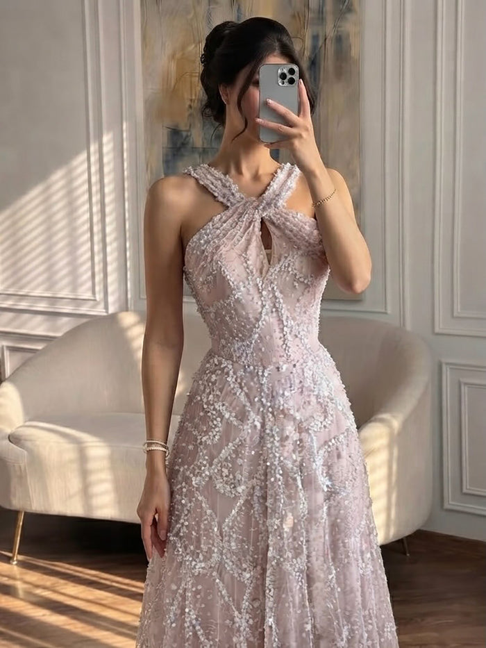 Luxury Pink Ombre Cross-Neck Beaded A-Line Gown LA73783 SERENE HILL