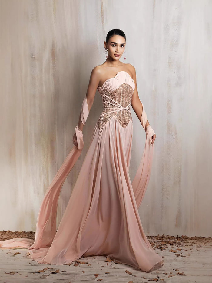 Luxury Pink Pearls Beaded Strapless A-Line Evening Dress LA73685 - SERENE  HILL