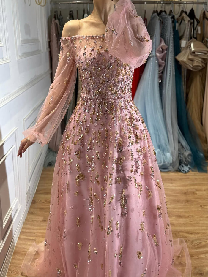 Luxury Pink Sequin Off Shoulder Tulle A Line Evening Dress LA73711