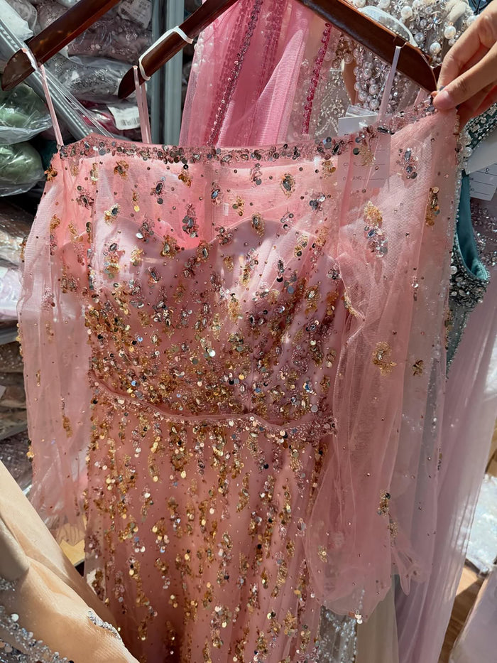Luxury Pink Sequin Off Shoulder Tulle A Line Evening Dress LA73711