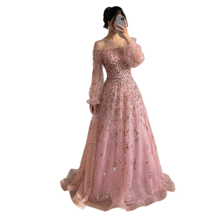 Luxury Pink Sequin Off Shoulder Tulle A Line Evening Dress LA73711