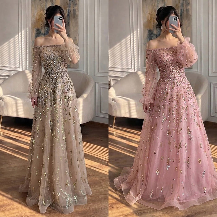 Luxury Pink Sequin Off Shoulder Tulle A Line Evening Dress LA73711 SERENE HILL