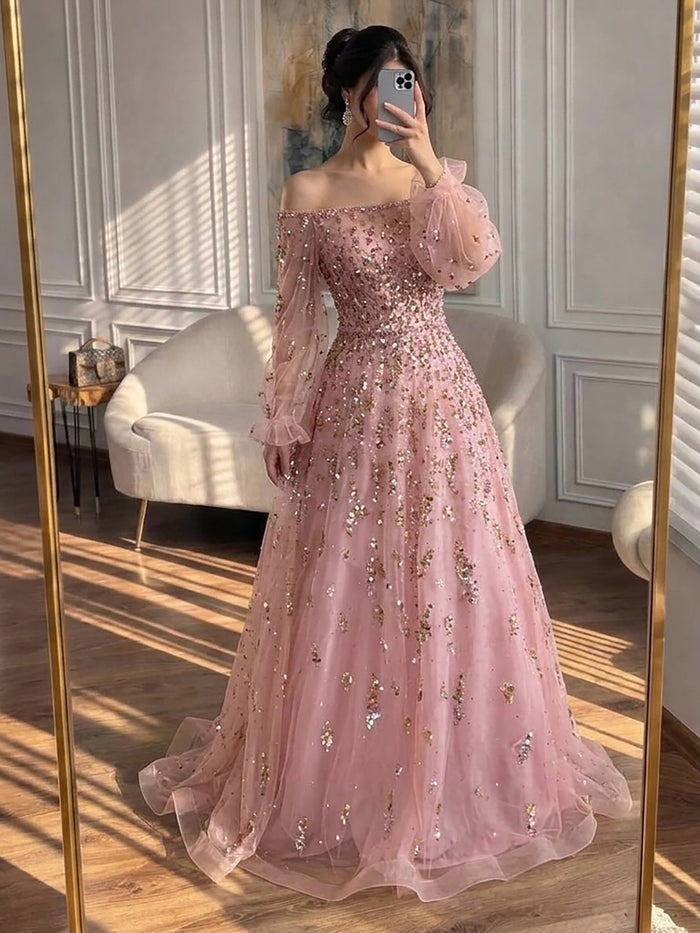 Luxury Pink Sequin Off Shoulder Tulle A Line Evening Dress LA73711