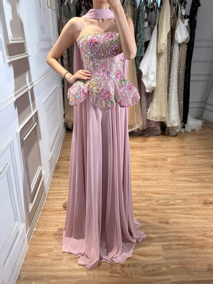 Luxury Pink Strapless Floral Beaded Peplum Evening Dress LA72915A SERENE HILL