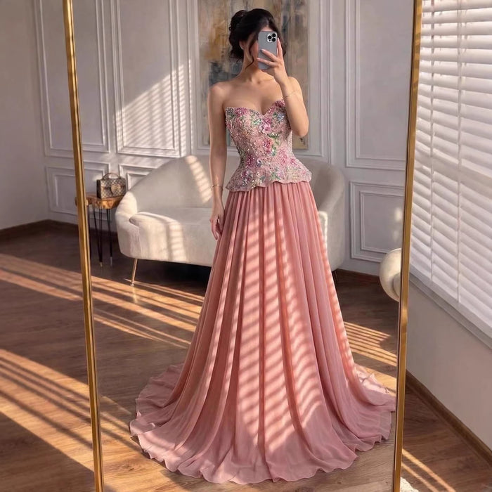 Luxury Pink Strapless Sweetheart Beaded Floral A-Line Evening Dress LA73643 - SERENE  HILL