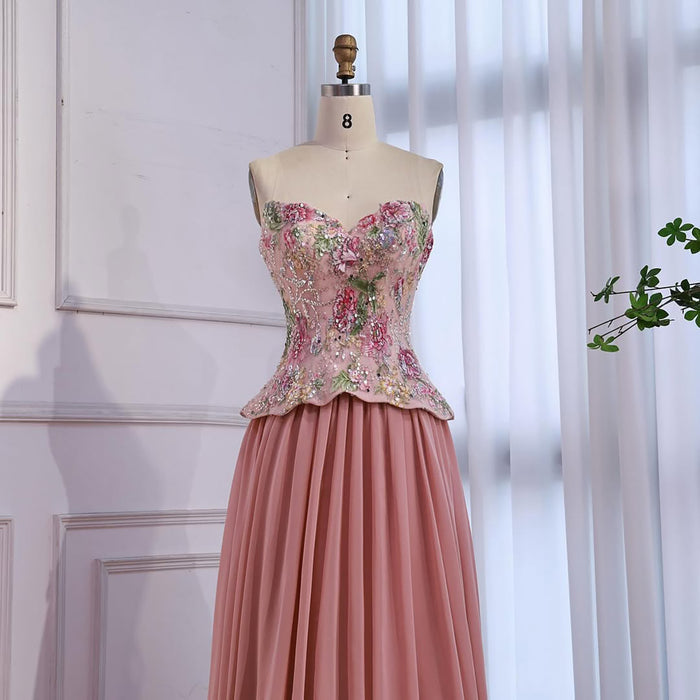 Luxury Pink Strapless Sweetheart Beaded Floral A-Line Evening Dress LA73643 - SERENE  HILL