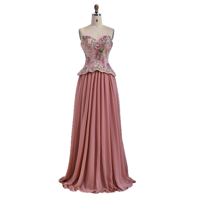 Luxury Pink Strapless Sweetheart Beaded Floral A-Line Evening Dress LA73643 - SERENE  HILL