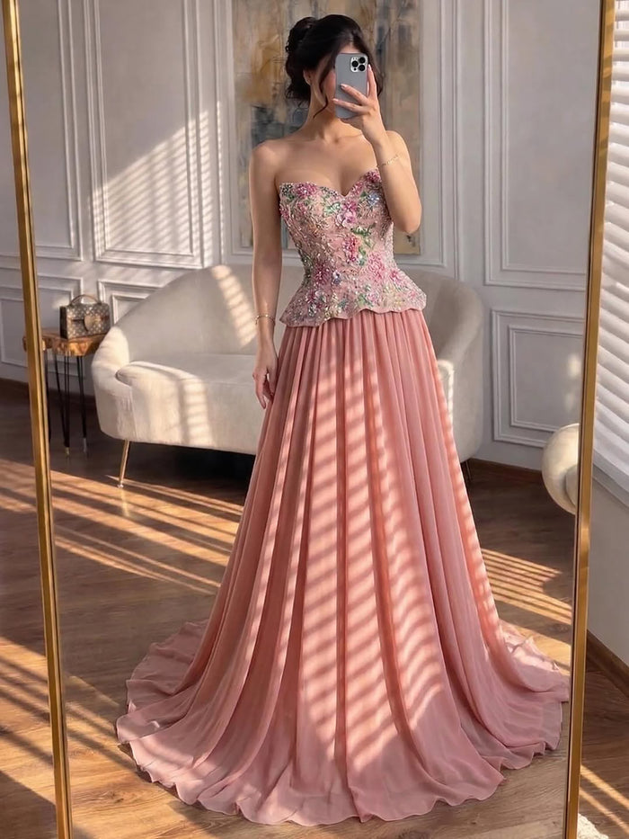 Luxury Pink Strapless Sweetheart Beaded Floral A-Line Evening Dress LA73643 - SERENE  HILL