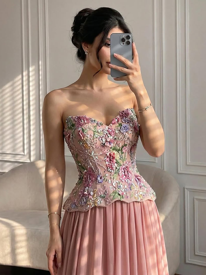Luxury Pink Strapless Sweetheart Beaded Floral A-Line Evening Dress LA73643 - SERENE  HILL