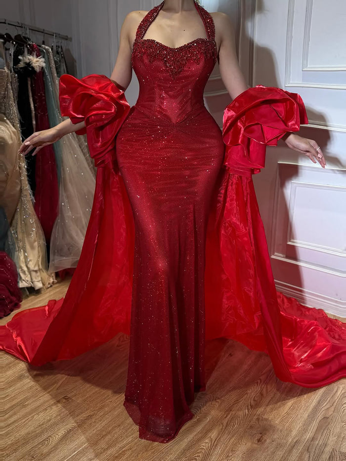 uxury Red Crystal Mermaid Evening Dress Detachable Cape LA73410F SERENE HILL