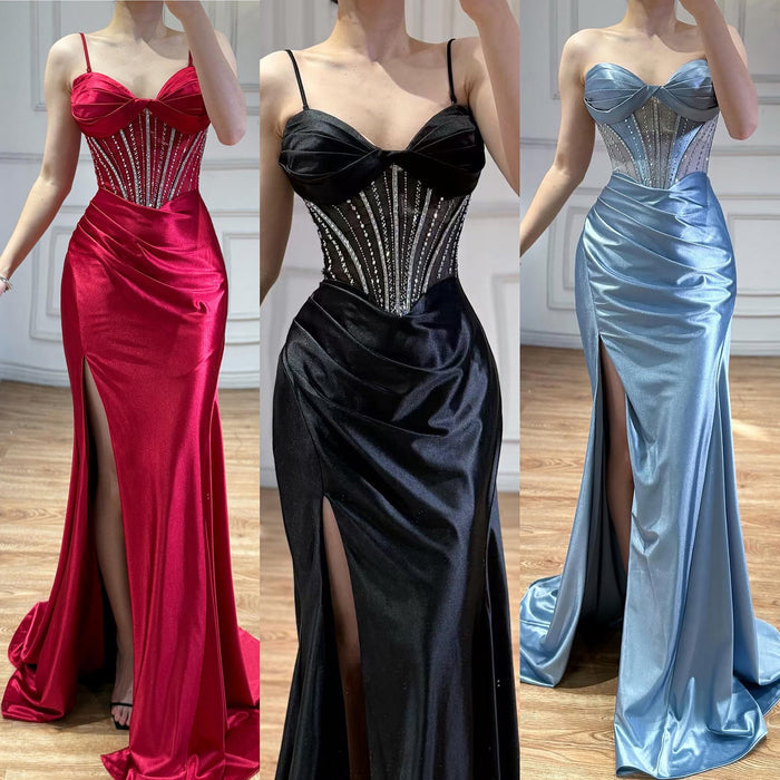 Luxury Red Satin Mermaid Prom Dress High Split LA73564